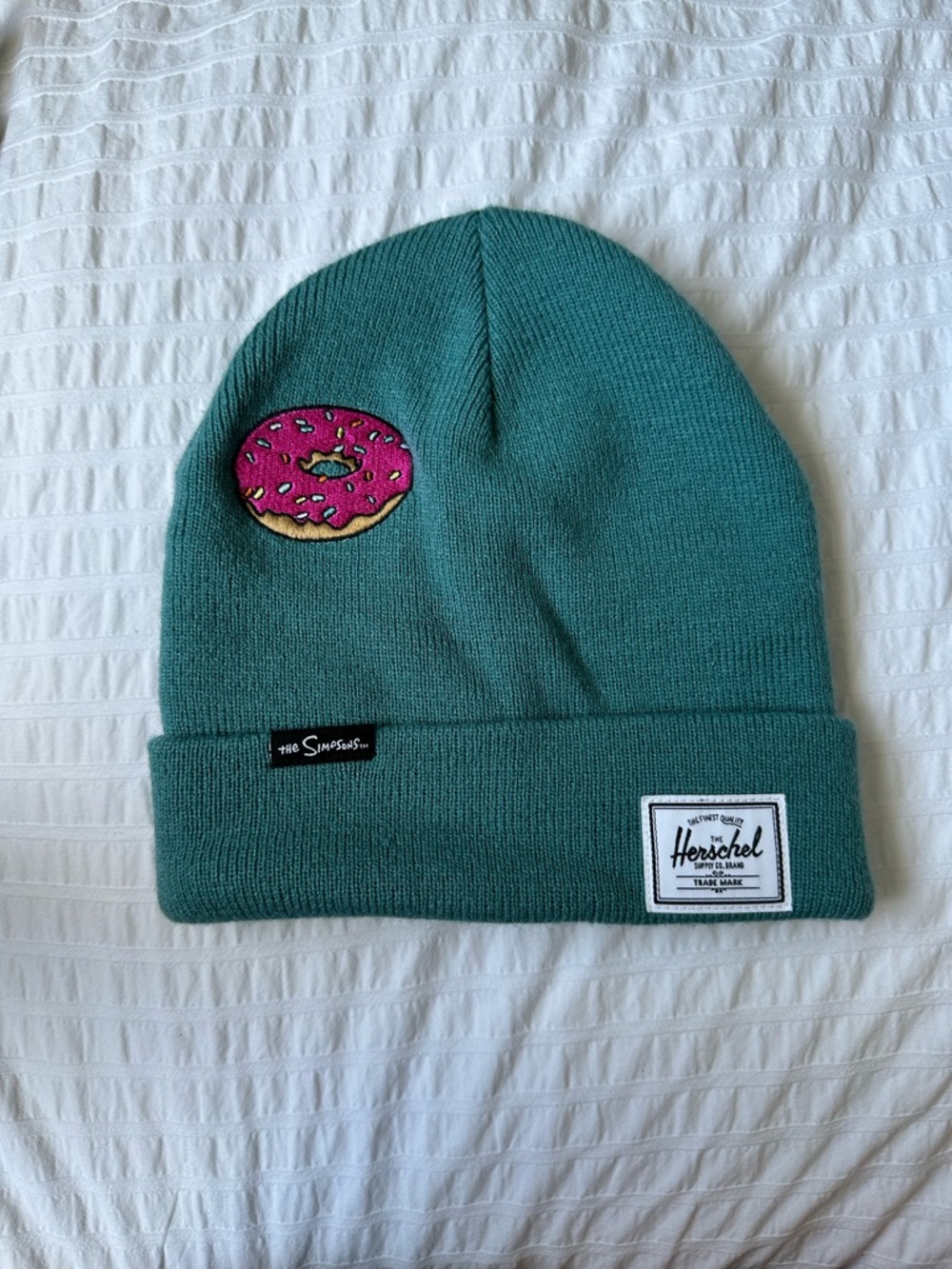 Herschel Supply Company Teal Cuffed Beanie with Pink Donut Patch